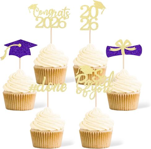 Gexolenu 36 pcs Class of 2025 Graduation Cupcake Toppers, Gold Glitter Double-Sided Grad Cap Cake Picks for Party Supplies, Decorations in Kuwait
