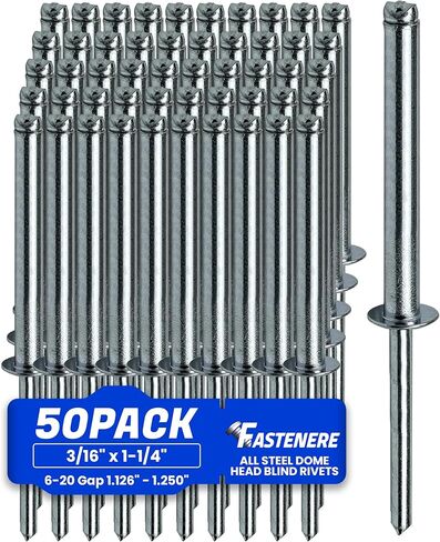 Fastenere Pop Rivets 3/16" x 1-1/4" (50 pcs) Aluminum Body Steel Mandrel, Heavy Duty, Open End, Low Carbon, Dome Head Blind Rivets, Corrosion Resistant & High Shear Strength, 6-20 Gap 1.126" - 1.250" in Saudi Arabia