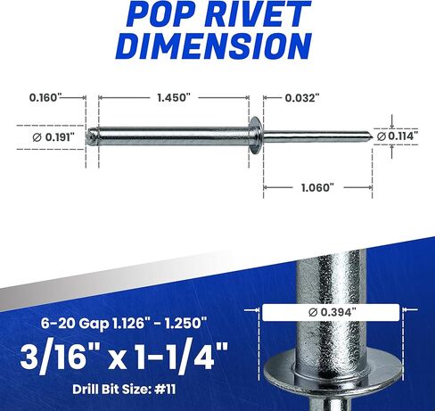 Fastenere Pop Rivets 3/16" x 1-1/4" (50 pcs) Aluminum Body Steel Mandrel, Heavy Duty, Open End, Low Carbon, Dome Head Blind Rivets, Corrosion Resistant & High Shear Strength, 6-20 Gap 1.126" - 1.250" in Saudi Arabia