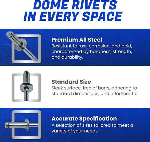 Fastenere Pop Rivets 3/16" x 1-1/4" (50 pcs) Aluminum Body Steel Mandrel, Heavy Duty, Open End, Low Carbon, Dome Head Blind Rivets, Corrosion Resistant & High Shear Strength, 6-20 Gap 1.126" - 1.250" in Saudi Arabia