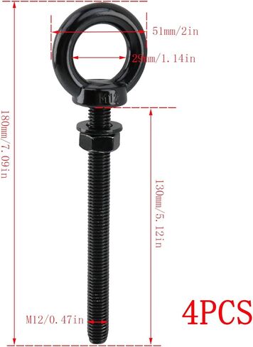 Dnyta 4 قطع M12 مسمار عين من الفولاذ المقاوم للصدأ، M12 x 130 مم (1/2 بوصة × 5-1/8 بوصة) مسامير عين ميكانيكية طويلة مع غسالات وصواميل سداسية، حلقات رفع الكتف شديدة التحمل، مسامير ذات عيون ملولبة، أسود in Saudi Arabia