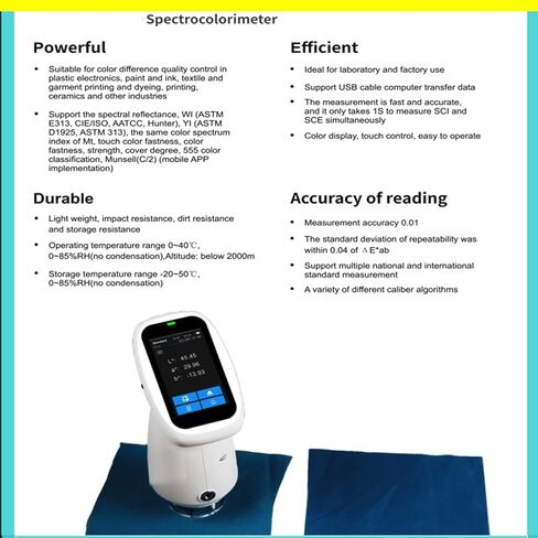 جهاز قياس الألوان الطيفي الرقمي المحمول، معدات اختبار الألوان لطلاء سيراميك المنسوجات، وما إلى ذلك مع نطاق الطول الموجي 400 نانومتر إلى 700 نانومتر Φ8 مم، فتحة واحدة ASTM ISO منفذ USB قياسي in Kuwait