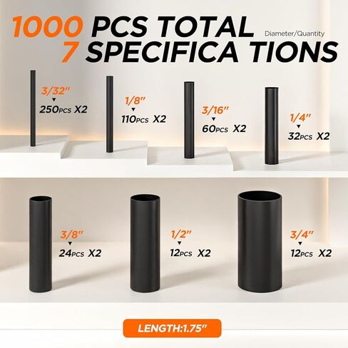 طقم أنابيب الانكماش الحراري مكون من 2 قطعة إجمالي 1000 قطعة، نسبة 4:1 مع بطانة لاصقة، أنابيب لف سلك منكمش، درجة بحرية، مجموعة أنابيب الانكماش الحراري الصناعية والسيارات (أسود) in Kuwait