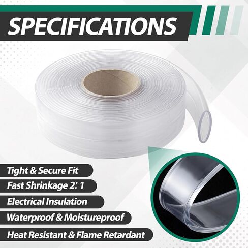 لفة أنابيب الانكماش الحراري 50 قدم 1 بوصة 2: 1 نسبة أنبوب الانكماش الحراري الشفاف من البولي أوليفين غلاف كابل مقاوم للماء ومقاوم للزيت ومقاوم للتآكل لعزل الأسلاك الصناعية الكهربائية in Kuwait