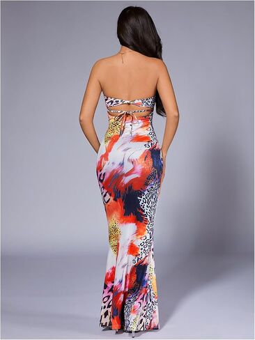 GORGLITTER Women's Cheetah Leopard Strapless Maxi Dress Backless Y2k Animal Print Bodycon Tube Dresses in Saudi Arabia