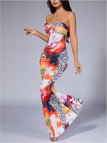 GORGLITTER Women's Cheetah Leopard Strapless Maxi Dress Backless Y2k Animal Print Bodycon Tube Dresses in Saudi Arabia