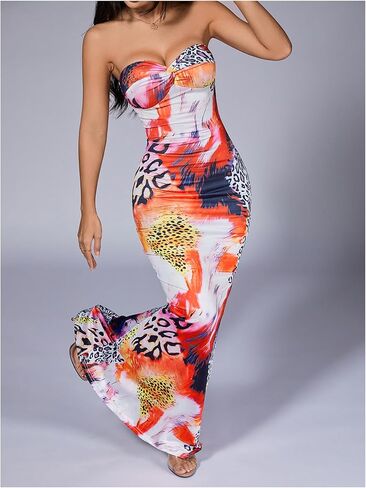 GORGLITTER Women's Cheetah Leopard Strapless Maxi Dress Backless Y2k Animal Print Bodycon Tube Dresses in Saudi Arabia