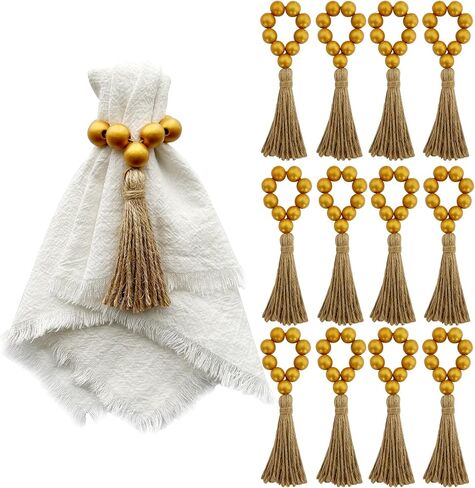 مجموعة حلقات المناديل المكونة من 12 قطعة، حلقات مناديل خشبية، حلقة منديل المزرعة المرنة بخرز خشبي مع شرابة، حامل مناديل بوهو لديكور الطاولة، وحفلات الزفاف، والعشاء، والحفلات (الأزرق الداكن) in Kuwait