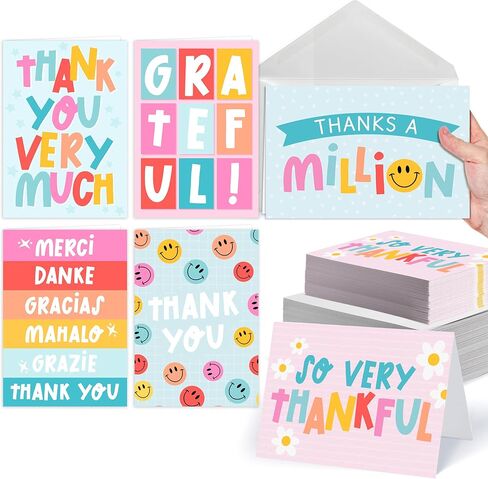 Hadley Designs 24 Blank Thank You Cards With Envelopes Bulk - Wedding Thank You Notes With Envelopes Set, Baby Shower Gratitude Cards, Teacher Appreciation Card - Colorful Notecards With Envelope in Kuwait