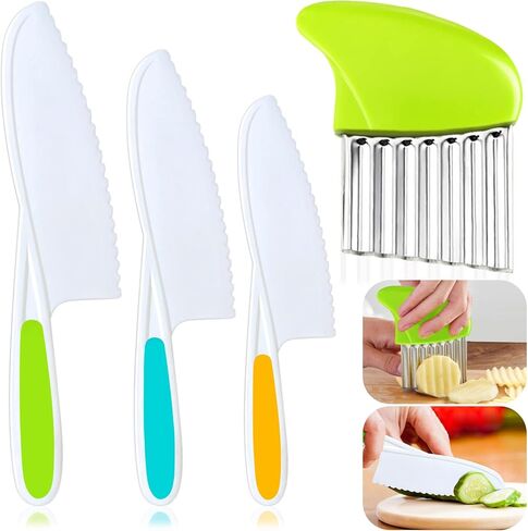 4 Pcs Kids Knife Set, Kids Kitchen Knife with Crinkle Cutter, Serrated Edges Plastic Toddler Chef Knife for Real Cooking & Cutting Fruit Bread in Kuwait