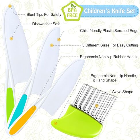 4 Pcs Kids Knife Set, Kids Kitchen Knife with Crinkle Cutter, Serrated Edges Plastic Toddler Chef Knife for Real Cooking & Cutting Fruit Bread in Kuwait