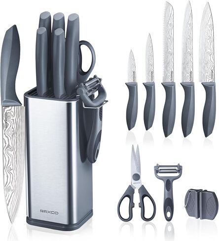 RAXCO Knife Set with Block,10-Piece Kitchen Knives Stainless Steel,Pro-sharpened for Cooking,Slicing,Mincing,Dicing,Black in Saudi Arabia