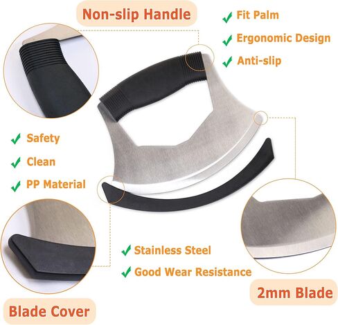 سكينة مفرمة سلطة XoYoZo Mezzaluna مع غطاء واقٍ ومقبض مضاد للانزلاق - قطاعة خضروات من الفولاذ المقاوم للصدأ، قطاعة بصل، قطاعة بيتزا in Kuwait