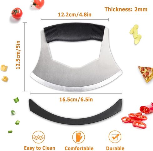 سكينة مفرمة سلطة XoYoZo Mezzaluna مع غطاء واقٍ ومقبض مضاد للانزلاق - قطاعة خضروات من الفولاذ المقاوم للصدأ، قطاعة بصل، قطاعة بيتزا in Kuwait