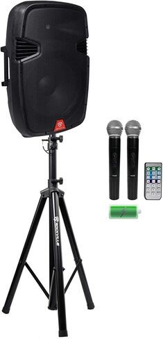حزمة Rockville RAM15BT: مكبر صوت 15 بوصة قابل لإعادة الشحن بقدرة 800 وات / 200 وات RMS DJ PA، 2 ميكروفونات VHF لاسلكية، بلوتوث، حامل ثلاثي القوائم عالي التحمل RVES05 DJ PA، عنصران in Saudi Arabia