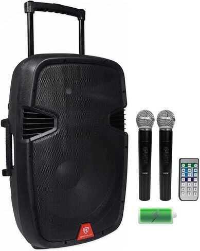 حزمة Rockville RAM15BT: مكبر صوت 15 بوصة قابل لإعادة الشحن بقدرة 800 وات / 200 وات RMS DJ PA، 2 ميكروفونات VHF لاسلكية، بلوتوث، حامل ثلاثي القوائم عالي التحمل RVES05 DJ PA، عنصران in Saudi Arabia