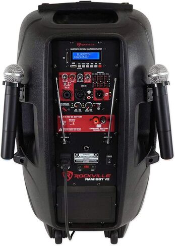 حزمة Rockville RAM15BT: مكبر صوت 15 بوصة قابل لإعادة الشحن بقدرة 800 وات / 200 وات RMS DJ PA، 2 ميكروفونات VHF لاسلكية، بلوتوث، حامل ثلاثي القوائم عالي التحمل RVES05 DJ PA، عنصران in Saudi Arabia
