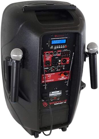 حزمة Rockville RAM15BT: مكبر صوت 15 بوصة قابل لإعادة الشحن بقدرة 800 وات / 200 وات RMS DJ PA، 2 ميكروفونات VHF لاسلكية، بلوتوث، حامل ثلاثي القوائم عالي التحمل RVES05 DJ PA، عنصران in Saudi Arabia