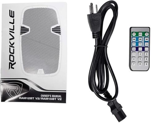 حزمة Rockville RAM15BT: مكبر صوت 15 بوصة قابل لإعادة الشحن بقدرة 800 وات / 200 وات RMS DJ PA، 2 ميكروفونات VHF لاسلكية، بلوتوث، حامل ثلاثي القوائم عالي التحمل RVES05 DJ PA، عنصران in Saudi Arabia
