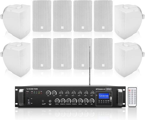 Sound Town Commercial Restaurant Bluetooth Amplifier + Surface-Mount Speaker Set, with One 6-Zone 70V/100V Amplifier, 12 x Weather-Resistant 6.5-Inch Surface-Mount Speakers, White (STCA360X12TV6W) in Saudi Arabia