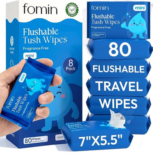 Fomin Compact Travel Flushable Wipes 8 Pack (64 Wipes Total) - Unscented Travel Size Wet Wipes for Adults - pH Balanced, Biodegradable, Plant-Based - Hypoallergenic Tush Wipes for Women & Men in Kuwait