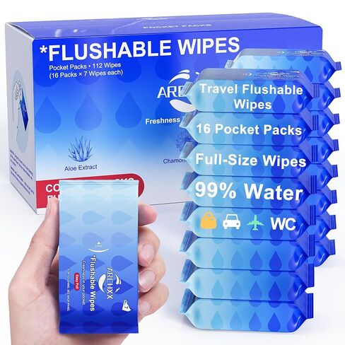 ARCHXX Travel Flushable Wipes, 16 Travel Packs (112 Count), Value Pack, Unscented & Hypoallergenic, Mini Wet Wipes with Aloe Vera, 99% Water, for Sensitive Skin, for Adults & Kids in Kuwait