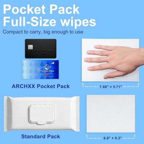 ARCHXX Travel Flushable Wipes, 16 Travel Packs (112 Count), Value Pack, Unscented & Hypoallergenic, Mini Wet Wipes with Aloe Vera, 99% Water, for Sensitive Skin, for Adults & Kids in Kuwait