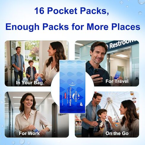ARCHXX Travel Flushable Wipes, 16 Travel Packs (112 Count), Value Pack, Unscented & Hypoallergenic, Mini Wet Wipes with Aloe Vera, 99% Water, for Sensitive Skin, for Adults & Kids in Kuwait