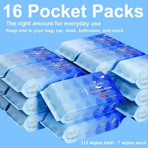 ARCHXX Travel Flushable Wipes, 16 Travel Packs (112 Count), Value Pack, Unscented & Hypoallergenic, Mini Wet Wipes with Aloe Vera, 99% Water, for Sensitive Skin, for Adults & Kids in Kuwait