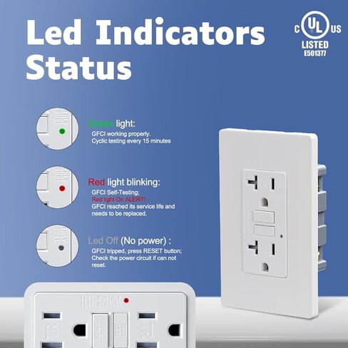 20 Amp GFCI Outlet, TR Tamper-Resisitant GFI Electrical Outlet with Thinner Design, Self-Test Ground Fault Circuit Interrupter with Screwless Wall Plate, UL Listed, Matte White, 6 Pack in Saudi Arabia