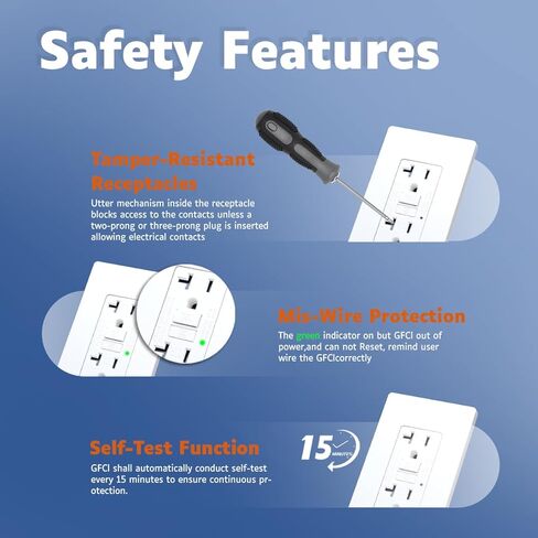 20 Amp GFCI Outlet, TR Tamper-Resisitant GFI Electrical Outlet with Thinner Design, Self-Test Ground Fault Circuit Interrupter with Screwless Wall Plate, UL Listed, Matte White, 6 Pack in Saudi Arabia