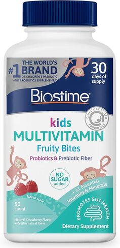 Biostime Kids Multivitamin Gummies with Probiotics & 11 Essential Vitamins (Ages 4+) | Multivitamin for Kids | No Added Sugar Fruity Bites | Free from Top 9 Allergens | 50 Count in Kuwait