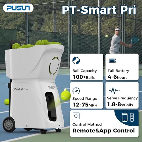 Tennis Ball Machine, PT-Smart Pri Tennis Shooting Machine, App/Remote Dual Control, Max Speed of 120km/h, 4-6Hour Battery Life, Horizontal Random/Fixed Shot/Topspin/Backspin,100Balls Capacity in Kuwait