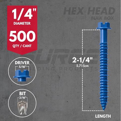 1/4 بوصة × 2-1/4 بوصة مرساة لولبية خرسانية زرقاء برأس سداسي مع لقمة مثقاب وسائق (صندوق مكون من 500 قطعة) | مسامير البناء للخرسانة والبلوك والطوب in Kuwait
