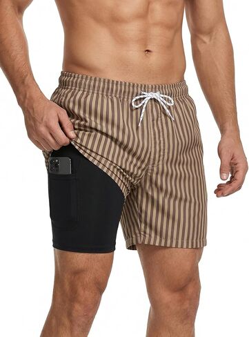 2 in 1 Men's Hawaii Print Swim Trunks with Compression Liner 5" Bathing Suits Quick Dry Shorts with Pockets in Kuwait