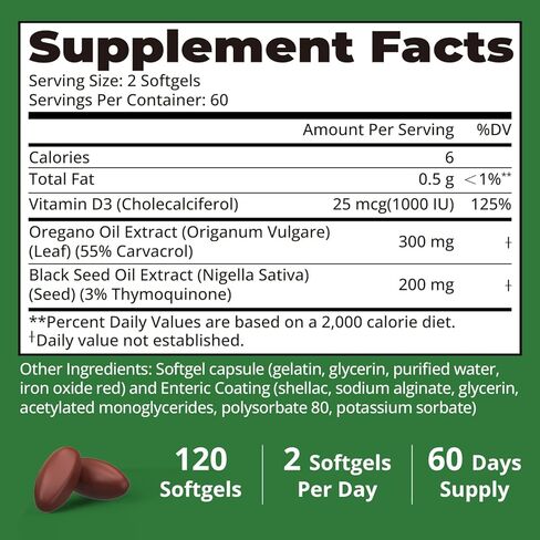 زيت الأوريجانو مع زيت الحبة السوداء، فيتامين د3، 3 في 1 كبسولات هلامية معوية مغلفة، مكمل عشبي الأوريجانو لدعم المناعة والصحة العامة، كمية كافية لمدة 60 يومًا in Kuwait