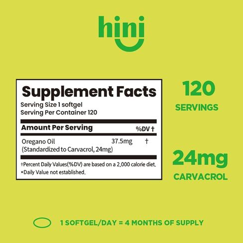 HINI Oregano Oil (Standardized 24mg Carvacrol), Oil of Oregano Softgel with High Carvacrol, Wild Oregano Oil, Organic Oregano Softgel 1 Serving per Day / 120 Serving in Saudi Arabia