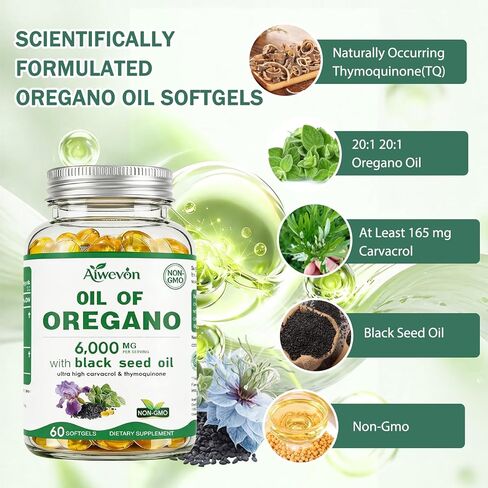 Oil of Oregano Capsules 6000mg with Black Seed Oil, Oregano Oil Softgels with Carvacrol & Thymoquinone for Immune & Gut Health Support, Non-GMO Herbal Supplement (New & Old Packaging Mixed) in Saudi Arabia