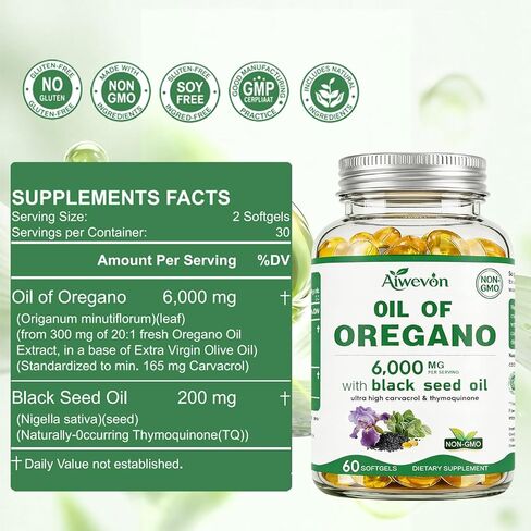 Oil of Oregano Capsules 6000mg with Black Seed Oil, Oregano Oil Softgels with Carvacrol & Thymoquinone for Immune & Gut Health Support, Non-GMO Herbal Supplement (New & Old Packaging Mixed) in Saudi Arabia