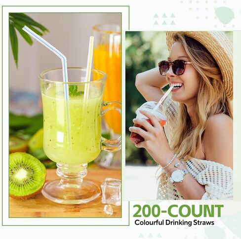 [200 عبوة] شفاطات بلاستيكية عالية المرونة مقاس 8.5 سم، شفاطات شرب قابلة للانحناء للاستعمال مرة واحدة - ألوان متنوعة مخططة للاستخدام المنزلي ومشروبات عصير الحليب in Kuwait