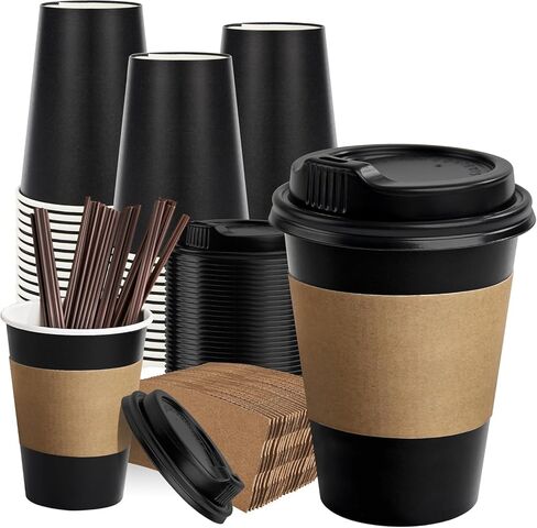 RACETOP 12 oz Paper Coffee Cups,100 Pack Black Disposable Coffee Cups with Lids, Sleeves and Stirring Sticks, 12 oz Hot Coffee Cup for Hot Drinks, Parties, Picnic, Travel, and Events in Kuwait