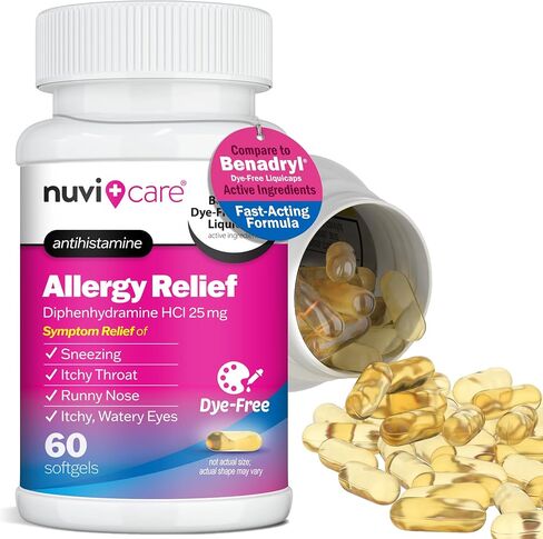 كبسولات هلامية لتخفيف الحساسية - ديفينهيدرامين 25 ملغ خالية من الصبغة، أدوية مضادة للهستامين لسيلان الأنف والعطس والحكة والعينين والحنجرة - قارن مع أدوية الحساسية LiquiGels للبالغين (60 عددًا) in Kuwait