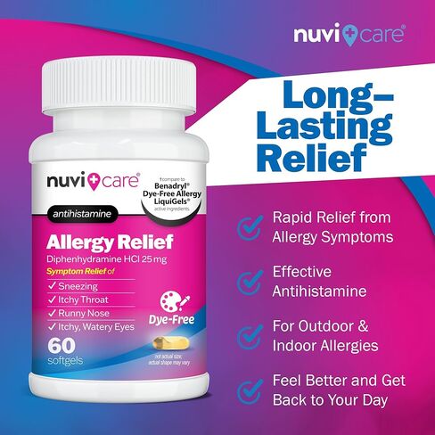 كبسولات هلامية لتخفيف الحساسية - ديفينهيدرامين 25 ملغ خالية من الصبغة، أدوية مضادة للهستامين لسيلان الأنف والعطس والحكة والعينين والحنجرة - قارن مع أدوية الحساسية LiquiGels للبالغين (60 عددًا) in Kuwait