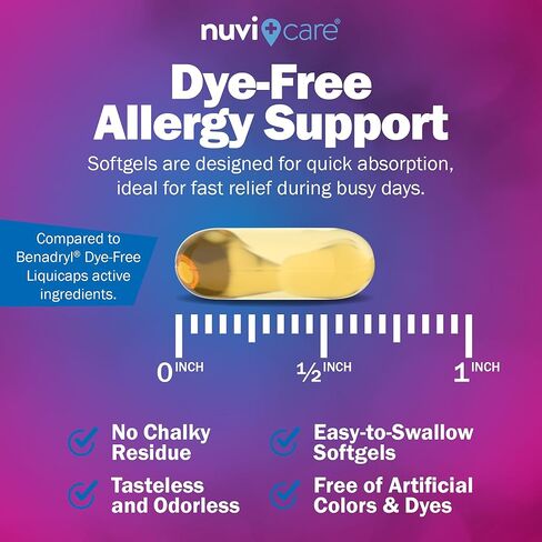 كبسولات هلامية لتخفيف الحساسية - ديفينهيدرامين 25 ملغ خالية من الصبغة، أدوية مضادة للهستامين لسيلان الأنف والعطس والحكة والعينين والحنجرة - قارن مع أدوية الحساسية LiquiGels للبالغين (60 عددًا) in Kuwait