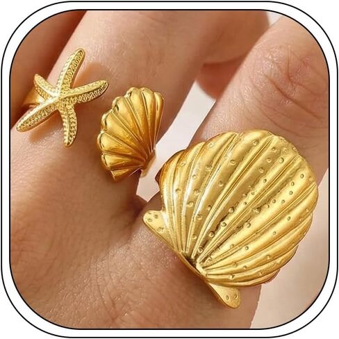 HUASAI Gold Chunky Beachy Rings Dainty Seashell Shell Starfish Flower Ring Set Boho Stackable Rings for Women Summer Jewelry for Women Beach Accessories Vacation Party Summer Stuff in Kuwait