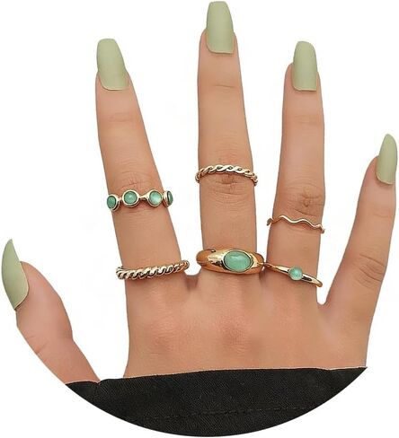 14K Gold Turquoise Layered Stacking Rings for Women Glossy Circular Thin Twist Ring Set Retro Green Natural Stone Knuckle Midi Jewelry Gifts in Saudi Arabia