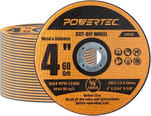 POWERTEC 4" Cut Off Wheels 25 Pack, 1/16" Thick with 5/8" Arbor, Metal & Stainless Steel Cutting Wheel for Angle Grinder, Iridium-Coated Aluminum Oxide 60 Grit (14018) in Saudi Arabia