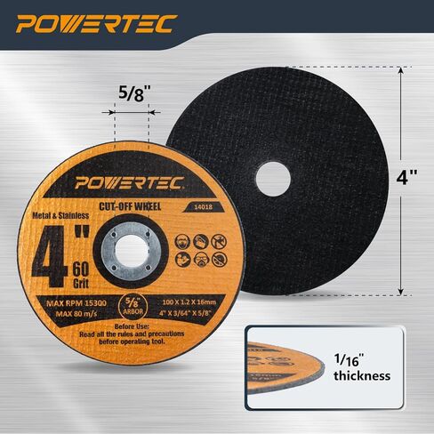 POWERTEC 4" Cut Off Wheels 25 Pack, 1/16" Thick with 5/8" Arbor, Metal & Stainless Steel Cutting Wheel for Angle Grinder, Iridium-Coated Aluminum Oxide 60 Grit (14018) in Saudi Arabia