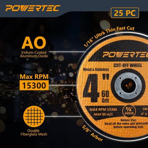 POWERTEC 4" Cut Off Wheels 25 Pack, 1/16" Thick with 5/8" Arbor, Metal & Stainless Steel Cutting Wheel for Angle Grinder, Iridium-Coated Aluminum Oxide 60 Grit (14018) in Saudi Arabia