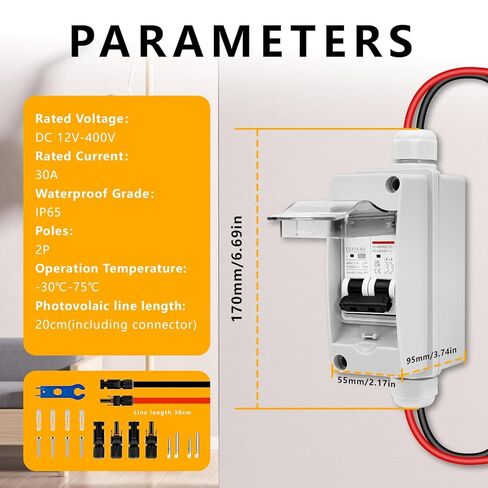 مفتاح فصل اللوحة الشمسية 30 أمبير، IP65 مقاوم للماء في الهواء الطلق 400 فولت تيار متردد/تيار مستمر، صندوق تبديل PV مع كابلات MC4 مسبقة الأسلاك، قاطع دائرة مصغر لنظام الطاقة الشمسية in Kuwait